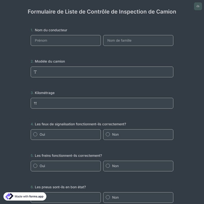 Formulaire de Liste de Contrôle de Inspection de Camion
