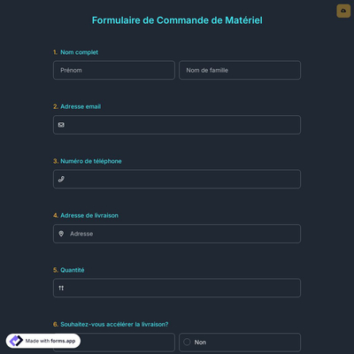 Formulaire de Commande de Matériel