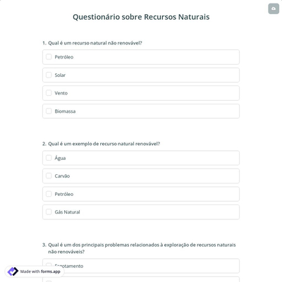 Questionário sobre Recursos Naturais