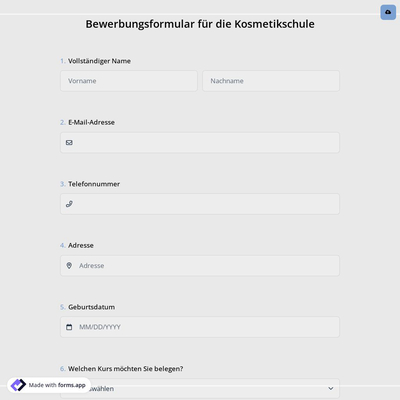 Bewerbungsformular für die Kosmetikschule