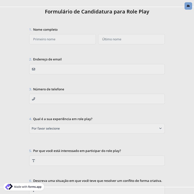 Formulário de Candidatura para Role Play
