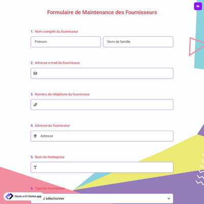 Formulaire de Maintenance des Fournisseurs