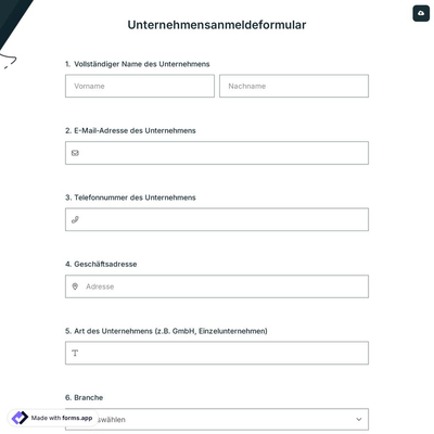 Unternehmensanmeldeformular