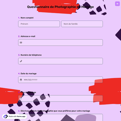 Questionnaire de Photographie de Mariage