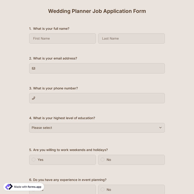 Wedding Planner Job Application Form