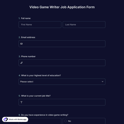 Video Game Writer Job Application Form