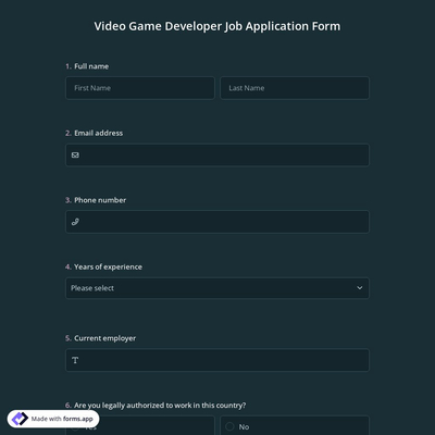 Video Game Developer Job Application Form