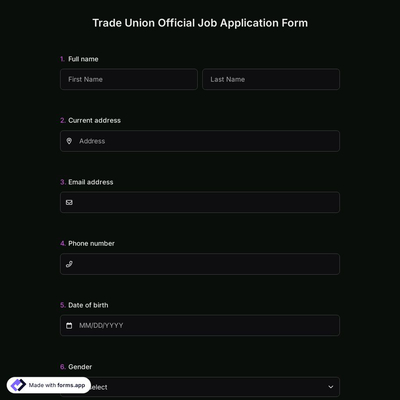 Trade Union Official Job Application Form