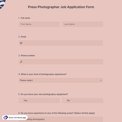 Press Photographer Job Application Form