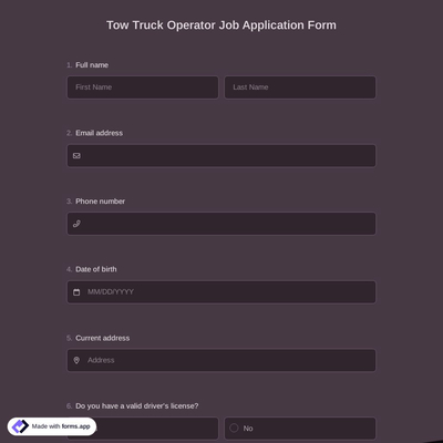 Tow Truck Operator Job Application Form