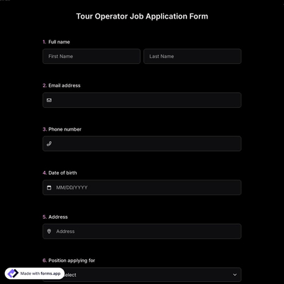 Tour Operator Job Application Form