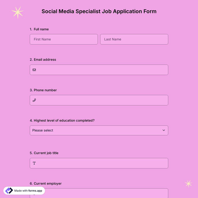 Social Media Specialist Job Application Form