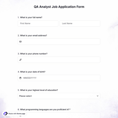 QA Analyst Job Application Form