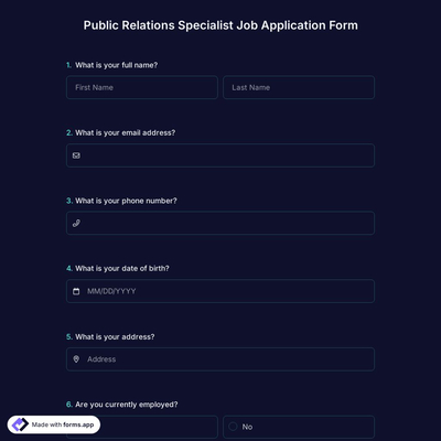 Public Relations Specialist Job Application Form