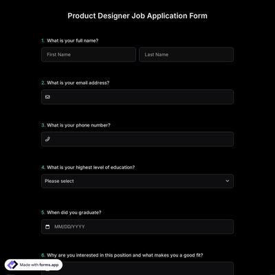Product Designer Job Application Form