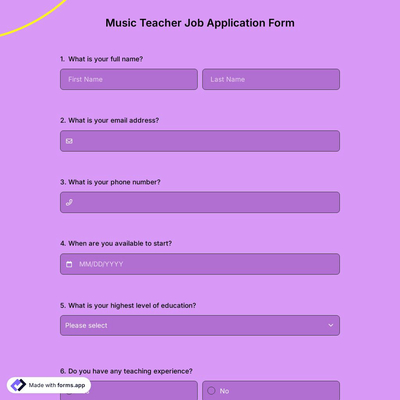Music Teacher Job Application Form