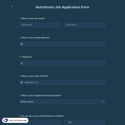 Nutritionist Job Application Form
