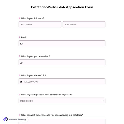 Cafeteria Worker Job Application Form