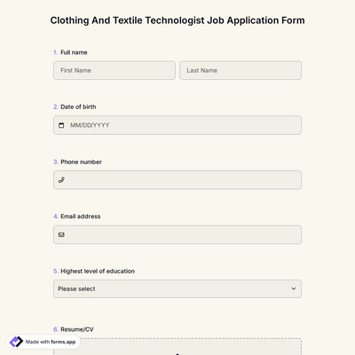 Clothing And Textile Technologist Job Application Form