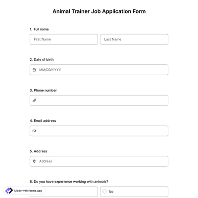 Animal Trainer Job Application Form