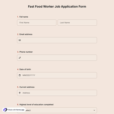 Fast Food Worker Job Application Form