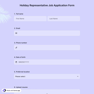Holiday Representative Job Application Form