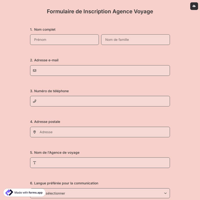 Formulaire de Inscription Agence Voyage
