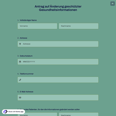 Antrag auf Änderung geschützter Gesundheitsinformationen
