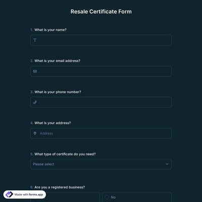 Resale Certificate Form