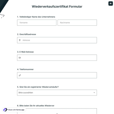 Wiederverkaufszertifikat Formular