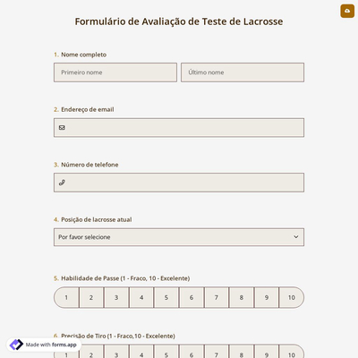 Formulário de Avaliação de Teste de Lacrosse
