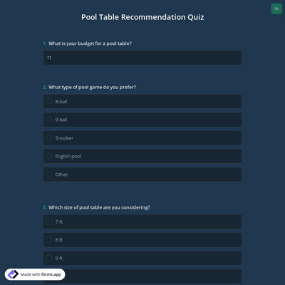 Pool Table Recommendation Quiz