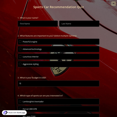 Sports Car Recommendation Quiz