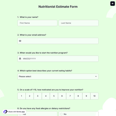Nutritionist Estimate Form