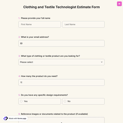 Clothing And Textile Technologist Estimate Form