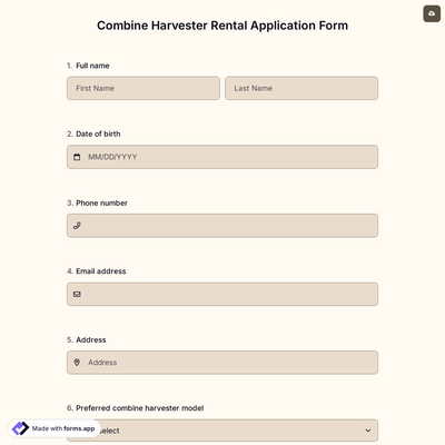 Combine Harvester Rental Application Form