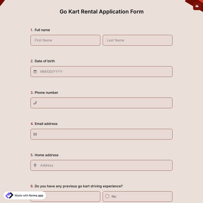 Go Kart Rental Application Form