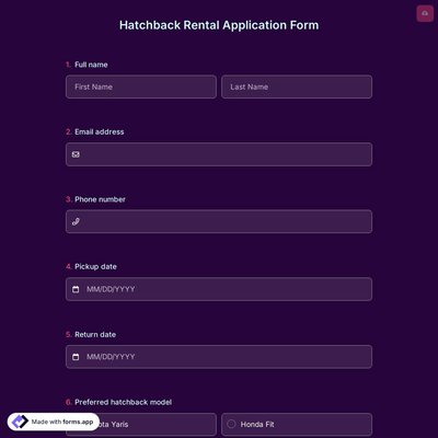 Hatchback Rental Application Form