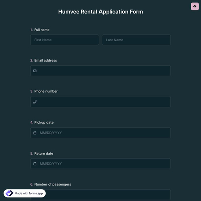 Humvee Rental Application Form