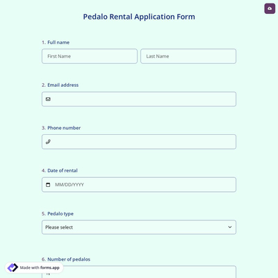 Pedalo Rental Application Form