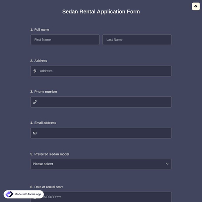 Sedan Rental Application Form
