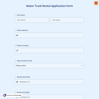 Water Truck Rental Application Form