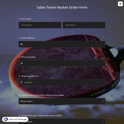 Table Tennis Racket Order Form