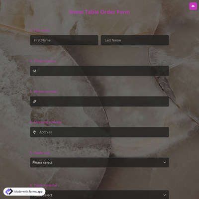 Stone Table Order Form