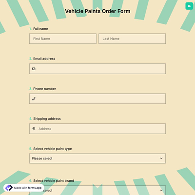 Vehicle Paints Order Form