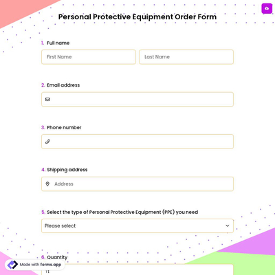 Personal Protective Equipment Order Form