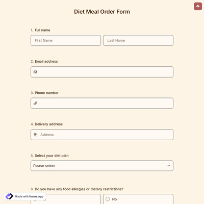 Diet Meal Order Form