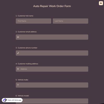 Auto Repair Work Order Form