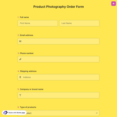 Product Photography Order Form