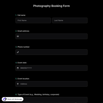 Photography Booking Form